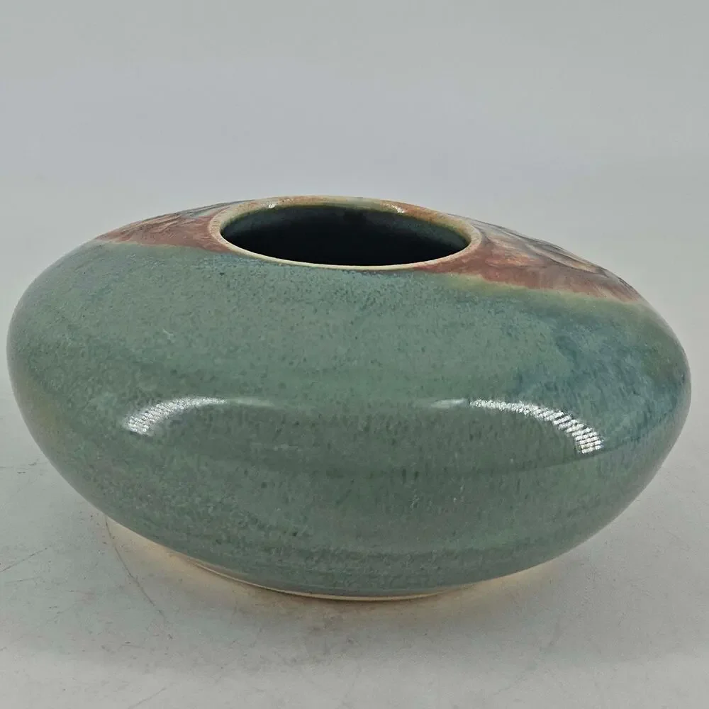 Ikebana Studio Art Pottery w Flower Frog Vase Bowl jade green Signed